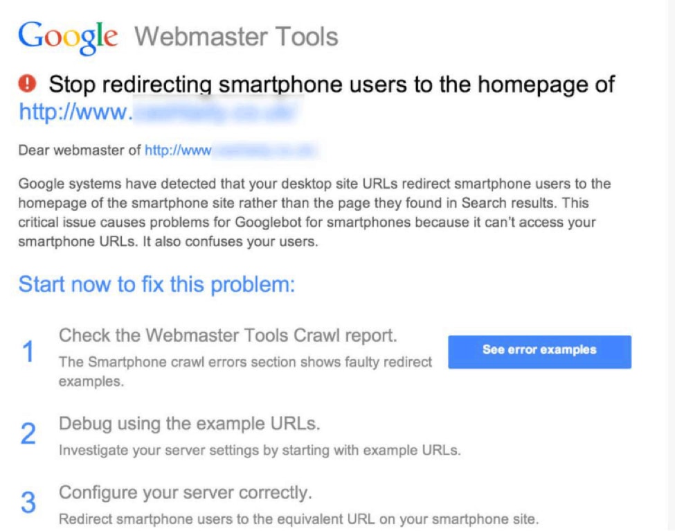 webmaster tools redirect warning